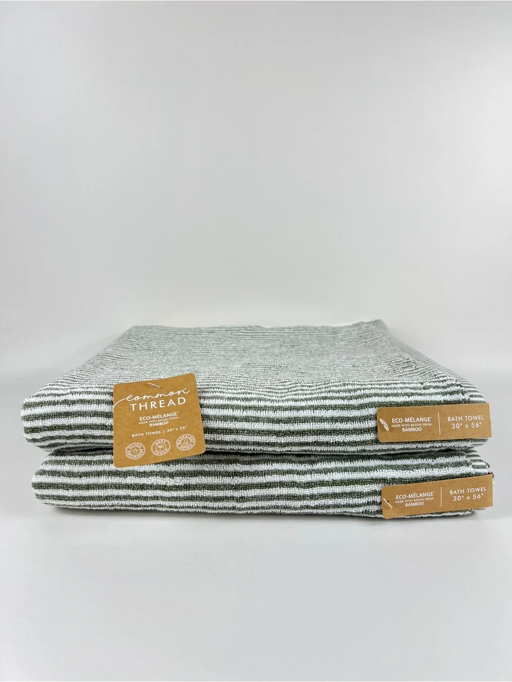 Common Thread Bamboo Bath Towels Green White Stripe Cotton Eco Melange 2 Pc NEW